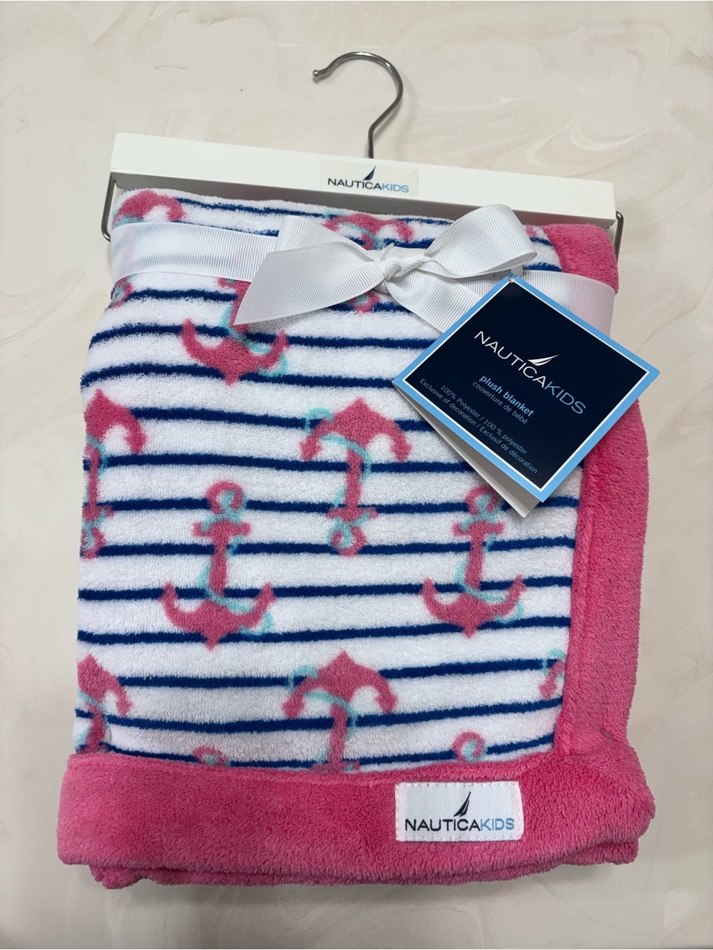 New w/ tag Nautica Kids Pink Navy Anchor Plush Baby Blanket 30inx40in
